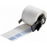 Blue matte vinyl wraparound label measuring 1 1/2 in x 3/4 in, designed for permanent identification of wires and cables from 10 AWG to 4 AWG. Compatible with M611 printer series and requires M7-R4300 ribbon. Used in electrical installations and control panels for clear marking