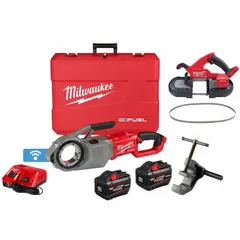 This 18V DC M18 FUEL™ cordless combination kit includes a pipe threader and a portable band saw for on-site threading and cutting of metal pipe and stock. The system provides cordless convenience for plumbing, mechanical contracting, and industrial maintenance applications.