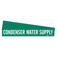 Green adhesive pipe marker with white legend reading 'Condenser Water Supply'. Designed for pipes with an outside diameter of 8 inches and larger. Suitable for identifying condenser water lines in industrial piping systems. Pack of 5 markers without arrows.