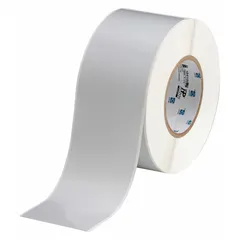 Polyester continuous label roll in gray, measuring 3 inches by 300 feet. Designed for use with THT 3" Core Printers. Suitable for industrial labeling and identification applications requiring durable, heat-resistant labels.