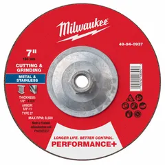 Type 27 wheel, 7 in. diameter, 1/8 in. thickness, 5/8 in.-11 arbor. Zirconia alumina grain, 24 grit. For cutting and grinding on carbon steel and stainless steel in metal fabrication, maintenance, and repair applications.