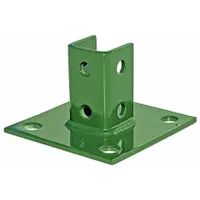 Green coated steel post base designed for single strut channels. Features 6 holes for secure mounting. Used to anchor and support structural framing in electrical, mechanical, and industrial installations