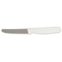 This utility knife features a serrated steel blade with a 3 1/2 in overall length and a white polypropylene handle. NSF Certified, it is suited for slicing bread, produce, and other foods in commercial kitchens and food service settings