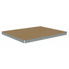 This shelf kit includes four zinc-plated steel beams and a gray particleboard deck with an unfinished finish. Designed for boltless shelving systems, it provides a single straight shelf configuration suitable for organizing and storing materials in warehouses and industrial environments.
