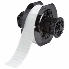 This precut label roll measures 1 1/4 inches by 1/4 inch and is made of polyimide with a white gloss finish. It is designed for use with the BBP33 printer series. Typical applications include asset tracking, component identification, and compliance marking in industrial environments.