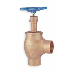 Bronze angle-body globe valve with rising stem for general service. Suitable for regulating flow in compressed air, gas, steam, and water systems. 3/4 in pipe size. Angle body design minimizes pressure drop in piping direction changes.
