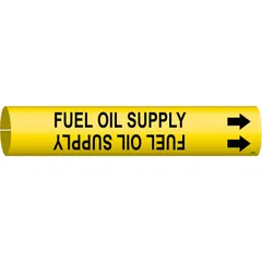Yellow snap-on pipe marker with black legend 'Fuel Oil Supply' and directional arrows. Fits pipe outer diameters of 4 to 6 inches. Used to identify fuel oil supply lines in piping systems.