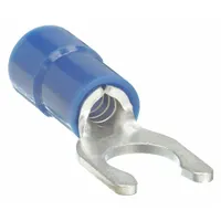 Fork Terminals: Blue, Vinyl, #10 Stud Size, 16 AWG – 14 AWG Wire Range, Locking Fork, 600 V