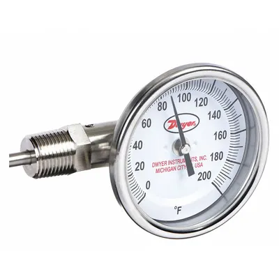 Dwyer Dial Thermometer: 0°F to 200°F, ±2%Full Scale Accuracy, 2.5 in Stem Lg - Side- & Bottom-Mount Fixed-Angle Thread-Mount Dial Thermometers
