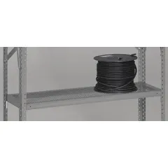 Ventilated shelf for standard metal shelving systems, made from 22-gauge steel with a powder-coated Medium Gray finish. Overall dimensions: 36 in wide by 12 in deep. Includes four shelf clips for installation. The vented design allows air circulation and light passage, suitable for organizing parts, tools, and supplies in warehouses and stockrooms.