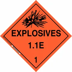 This BRADY placard is used for identifying containers holding Class 1: Explosives 1.1 E 1 materials. It measures 10 3/4 in x 10 3/4 in with a label height of 10 3/4 in and displays the message 'Explosives 1.1 E 1'. Suitable for shipping, storage, and handling of explosive substances in industrial and logistics environments.