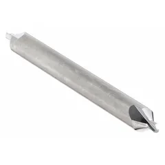 This plain-tip center drill is double-ended with a #0 size and 60° angle. It has an overall length of 1 1/2 in and is made of carbide. Used in machining to create conical starting holes for lathe work or drilling operations, and to support workpieces between centers.