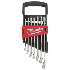 This 7-piece metric 12-point combination wrench set includes sizes from 8 mm to 17 mm. Made of alloy steel with a chrome finish, it is suited for tightening and loosening fasteners in maintenance, assembly, and repair tasks. The set comes with a carrier for organized storage.