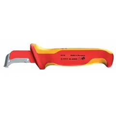This wire-stripping knife features a fixed, hooked stainless steel blade with a 1 1/2 in length, designed for stripping soft wire in the 6-8 in range. The insulated handle provides protection during electrical work. Overall length is 7 1/8 in. Suitable for cable preparation and maintenance tasks.