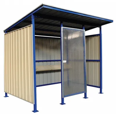OEM Smoking Shelter: Unassembled, 4 Sides, 102 in x 92 in x 91 in, Steel, Beige - 3-Wall Open-Front Unassembled Bus & Smoking Shelters