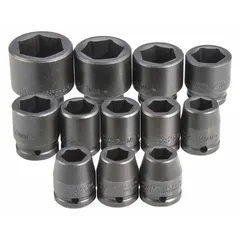 This 12-piece metric impact socket set features a 3/4 in drive and black oxide finish. Sockets range from 19 mm to 46 mm, suitable for high-torque fastening and loosening tasks in industrial maintenance, automotive repair, and construction.