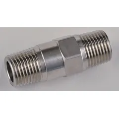 This inline piston check valve features a stainless steel body and piston for corrosion resistance. It is designed to prevent backflow in small-diameter piping systems, such as instrumentation, pneumatic controls, and low-flow hydraulic circuits. The valve has a 1/8 in pipe size with FNPT x MNPT connections and an inline valve body.