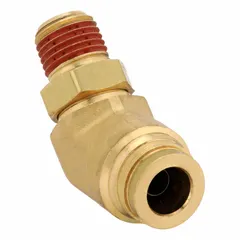 Brass adapter fitting with push-to-connect on one end and male NPT thread on the other. Features Vibra-Seal thread sealant for leak-resistant connections. Used in pneumatic systems, air brake lines, and fluid power circuits.