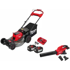 This combination kit includes a blower and mower for outdoor property maintenance. The blower delivers 145 mph max air speed for clearing debris, while the mower handles grass cutting. Powered by an 18 V system with a 12.0 Ah battery capacity.