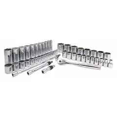 This 50-piece socket set includes 6-point SAE sockets ranging from 5/16 in to 1 in, with both 3/8 in and 1/2 in drives. Deep sockets are included for accessing recessed fasteners. Suitable for tightening and loosening hex bolts and nuts in maintenance and repair tasks.