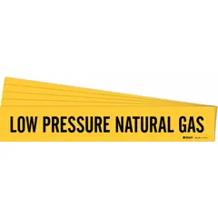 Yellow adhesive pipe marker with black legend text reading 'Low Pressure Natural Gas'. Fits pipe outer diameters from 2-1/2 to 7-7/8 inches. Sold in a 5-pack without arrows. Used to identify low-pressure natural gas piping in industrial and commercial facilities.