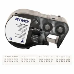 Vinyl wraparound label cartridge for permanent wire identification. Black on white, 1/2 in x 1 in, suitable for wire diameters 0.16 in to 0.2 in. Compatible with BMP53 printer series, requires R6200 ribbon. Used in electrical panels, control cabinets, and field wiring.
