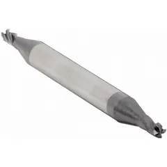 This double-end carbide square end mill features an AlTiN coating for heat resistance and wear protection. With 4 flutes and a 5/64" mill diameter, it is suited for precision milling of slots, profiles, and contours in ferrous and non-ferrous materials.