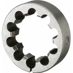 This solid round threading die is made from high-speed steel and has a 1 1/2 in outer diameter. It is designed to cut 9/16"-32 UNS external threads on rods or bolts. Suitable for manual or machine threading applications in maintenance, repair, and light production.