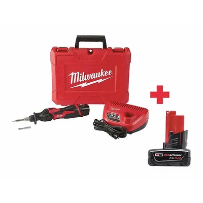 MILWAUKEE Soldering Iron Kit: 90 W, 750°F, Chisel/Conical Tip, 0.02 in Tip Wd - High Output Rechargeable Battery-Powered Soldering Irons