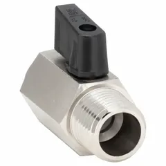This mini ball valve features a nickel-plated brass body with straight MNPT male by FNPT female connections. The wedge handle provides clear visual indication of valve position. Commonly used for on/off control in water, air, and oil lines within plant maintenance and process piping systems.