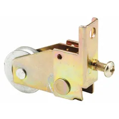 This roller assembly is designed for use in screen doors to facilitate smooth sliding operation. It features a bronze, unfinished finish and is supplied as one pair. Overall height is 1-1/2 inches and overall length is 1-5/8 inches.