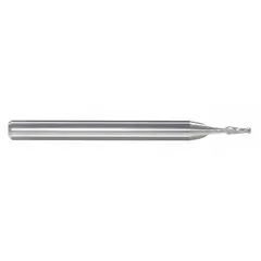 Solid carbide pencil-neck ball end mill with 3/32" mill diameter, 1/2" length of cut, and 2-1/2" overall length. Two-flute design for chip evacuation in contouring and 3D profiling applications. Suitable for machining hardened steels and non-ferrous materials in die/mold and tooling operations.