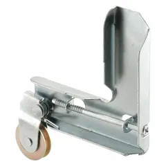This gray, unfinished corner and roller assembly is designed for use in sliding screen doors. It provides corner support and a rolling mechanism for smooth door operation. Overall dimensions are 9 7/16 inches in height and length.