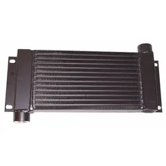 This aftercooler is mounted on the compressor belt guard and reduces compressed air temperature to remove moisture. Rated for 100 cfm with a 1 in NPT inlet, it is used in compressed air systems to protect downstream equipment.