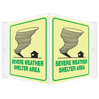 CONDOR Safety Sign: PETG, Mounting Holes Sign Mounting, 6 in x 8 1/2 in Nominal Sign Size - V-Shape Projection Severe Weather Shelter Area Signs
