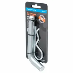 Steel hitch pin with zinc-plated finish, 5/8 in diameter and 5-7/8 in overall length. Includes a hitch clip. Used to secure a trailer coupler to a 2 in hitch receiver for towing applications.