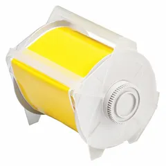 Yellow gloss polyester continuous label roll, 4 in x 100 ft, rated for outdoor use. Compatible with GlobalMark printer series. Used for on-demand industrial labeling in harsh environments, including asset identification, pipe marking, and safety signage.