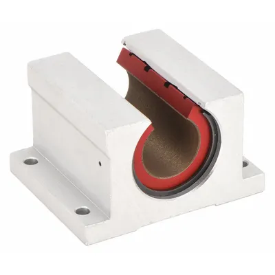 PBC LINEAR Mounted Linear Bearing: Single, Self-Aligning, 1 in Inside Dia, Frelon Gold - Open Self-Aligning Pillow Block Linear Plain Bearings