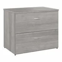 This 2-drawer lateral file cabinet stores letter- or legal-size documents in an office environment. Its laminate finish and particle-board construction provide a light-gray storage solution for organizing files, with an overall height of 29 7/8 inches