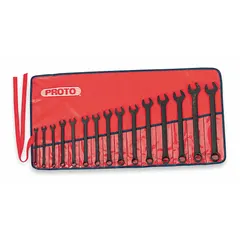 This 15-piece metric combination wrench set includes sizes from 7 mm to 21 mm. Each wrench is made from alloy steel with a black oxide finish. The 12-point box end provides secure engagement on hex fasteners, while the open end allows for rapid positioning. The set is supplied in a canvas pouch for organized storage.
