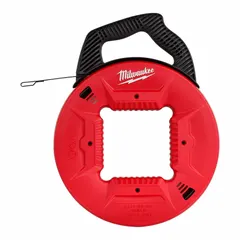 This 120 ft steel fish tape features a flat tape shape with a formed hook end for pulling wires through conduit, walls, and ceilings. Manual wind retraction and an internal rotating winder slide allow controlled operation in confined spaces. Overall length is 13 in.