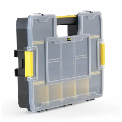 STANLEY Compartment Box: 14 3/4 in x 11 1/2 in x 2 3/4 in, Clear/Black/Yellow, 14 Compartments - Small Parts Compartmented Boxes with Adjustable Dividers