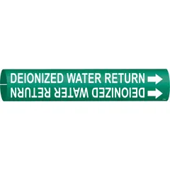 This snap-on pipe marker identifies deionized water return lines. It features a green background with white legend and includes directional arrows. Designed to fit pipe outer diameters from 1-1/2 to 2-3/8 inches. Suitable for use in industrial piping systems where clear identification of water return lines is required.