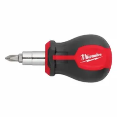 General purpose multi-bit screwdriver with 4 tips including nut driver, Phillips, and slotted configurations. Overall length of 3 inches for access in confined spaces. Suitable for fastening and loosening screws and nuts in electrical panels, machinery maintenance, and assembly tasks.