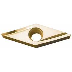 Diamond indexable turning insert for precision machining of non-ferrous materials such as aluminum, copper, and plastics. Used in turning, facing, and boring operations to achieve high surface finish and extended tool life.
