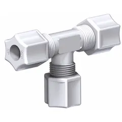 Acetal copolymer union tee with three 3/4 in OD connections, rated at 220 psi. White color. FDA Certified for food-contact applications. Used to branch or combine fluid lines in sanitary systems.