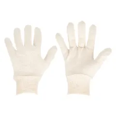 Uncoated, full-finger cotton gloves with a knit cuff in white. Cut-and-sewn construction for general handling, assembly, and inspection tasks. Not silicone-free, not latex-free, not touchscreen compatible. Sold as a single pair.