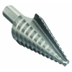 This step drill bit is made from high-speed steel (HSS) and features a hex shank for secure grip in keyless chucks. It drills stepped holes from 3/16" to 7/8" in sheet metal, plastic, and thin materials, reducing the need for multiple bit changes. Suitable for use in standard drills or drill presses; not impact rated.