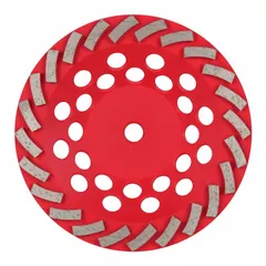 This 7-inch diameter turbo diamond cup grinding wheel features 24 segments and a 5/8"-11 threaded arbor. Designed for aggressive surface preparation, concrete grinding, and masonry shaping, it effectively removes coatings, adhesives, and uneven material on concrete, stone, and brick surfaces.