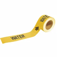 Yellow adhesive pipe marker with black legend 'Water' for identifying water lines. Fits pipe outer diameters of 1-1/2 to 2 inches. Each roll contains 25 markers with arrows to indicate flow direction. Commonly used in industrial facilities for pipe identification.